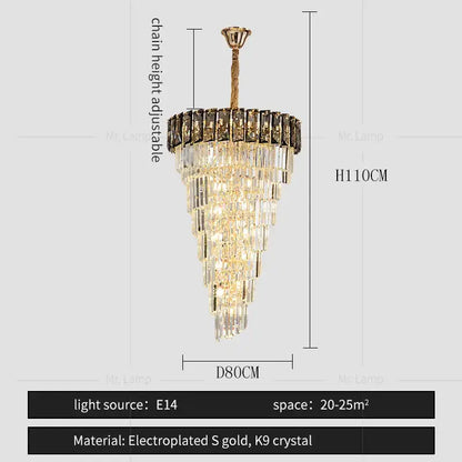 A tiered amber crystal chandelier with cascading k9 crystal prisms and electroplated s gold frame for living room
