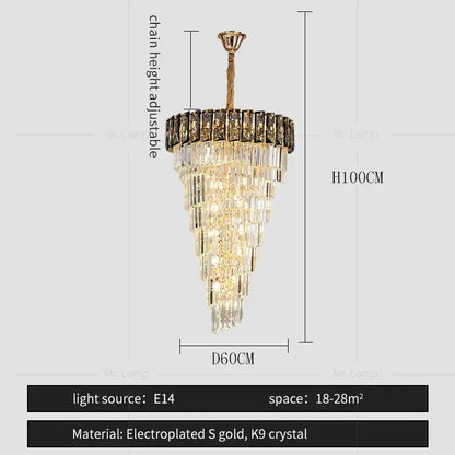 A tiered amber crystal chandelier with cascading k9 prisms and electroplated gold frame for living room use