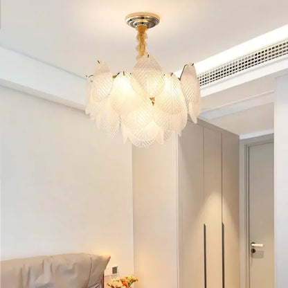 Delicate french luxury cream leaf glass chandelier with translucent panels and gold frame for living room decorbites french luxury