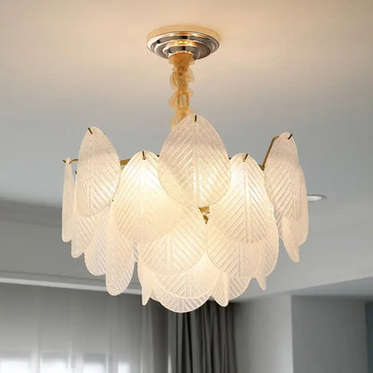 A delicate french luxury cream leaf glass chandelier with translucent shades and gold frame for living room decorbites decor