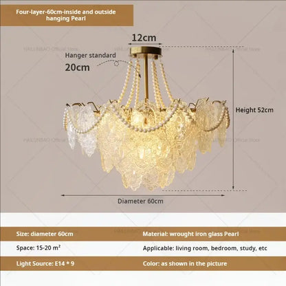 Elegant four-layer decorbites cream crystal chandelier with glass pearl cascades and brass wrought iron frame for living room