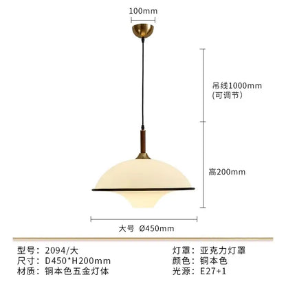 Brass-toned dome-shaped french medieval saucer pendant light with frosted acrylic shade and adjustable black cord for dining room