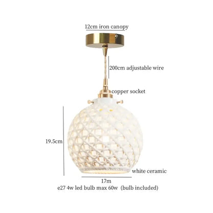 White ceramic pendant light with geometric lattice design and brass-toned accents decorbites french minimalism ceramic