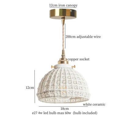 White ceramic pendant light with delicate pattern and brass accents for decorbites french minimalism ceramic dining room