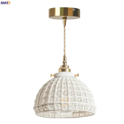 White ceramic pendant light with gold-toned metal accents and woven cord for decorbites french minimalism ceramic dining room