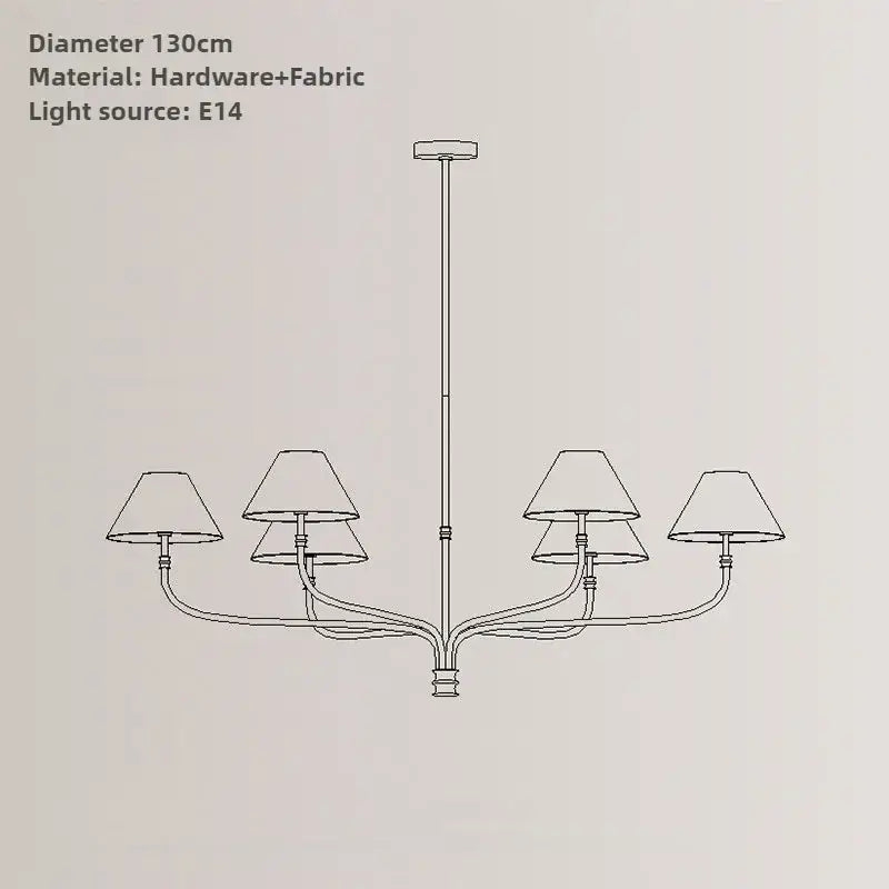 130cm diameter pendant light with sleek black and brass metallic frame and fabric shades for dining room