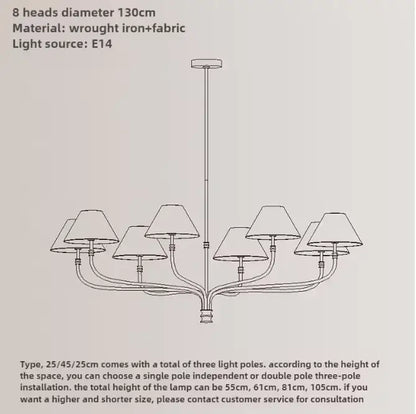 Eight-head black and brass wrought iron pendant light with fabric shades for elegant dining room lighting