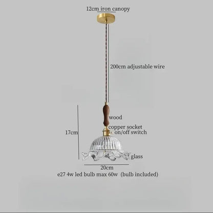 A clear fluted glass pendant lamp with copper wood handle for dining room decorbites copper wood glass design