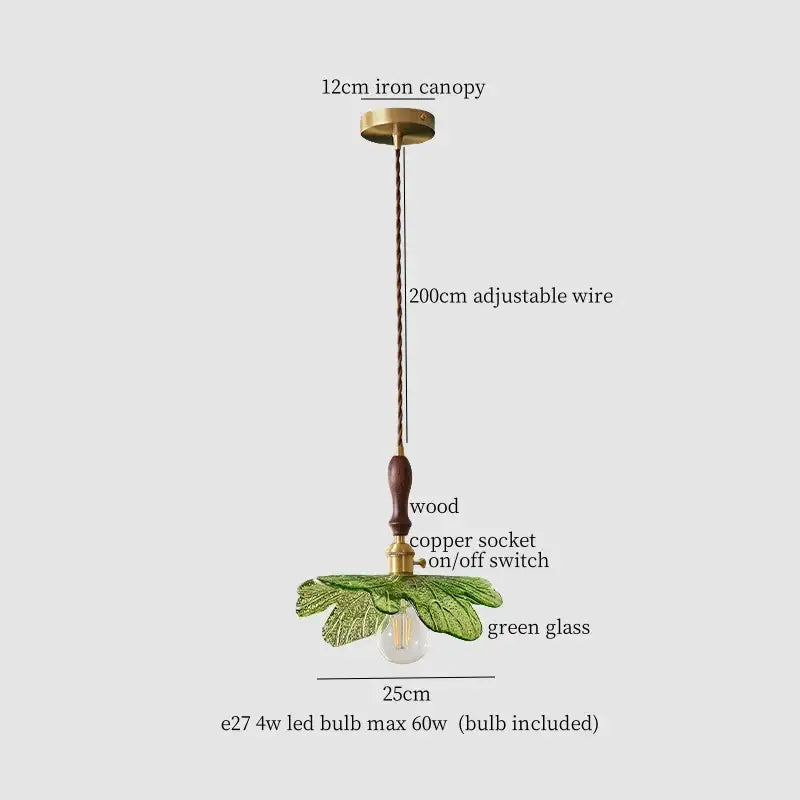 Green glass pendant lamp with brass iron canopy wooden handle and copper socket by decorbites copper wood glass