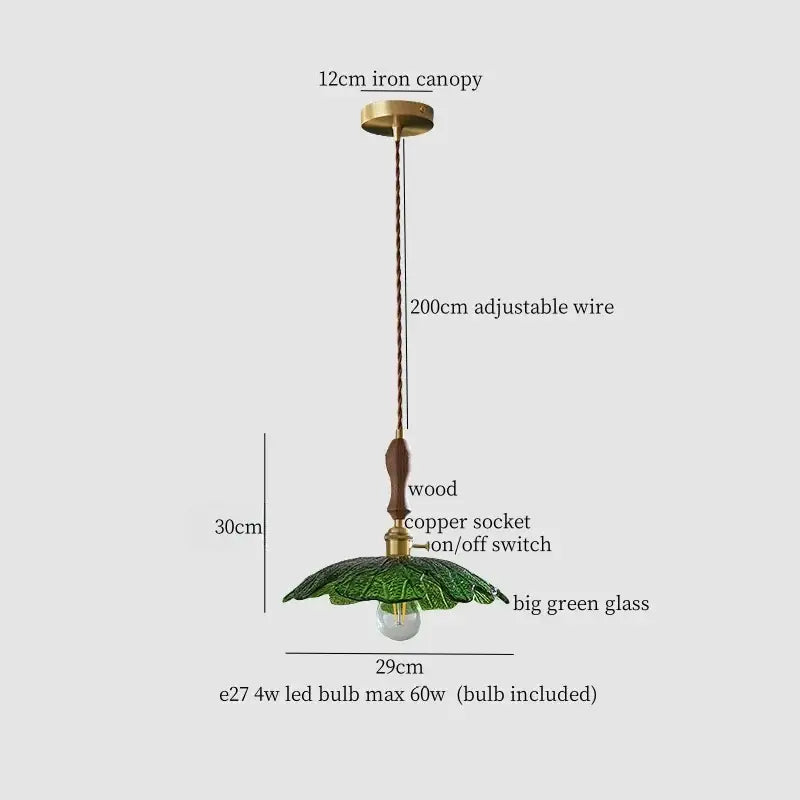 A 30cm french minimalist green glass copper wood pendant lamp with brass canopy and wooden handle for dining room decorbites copper wood