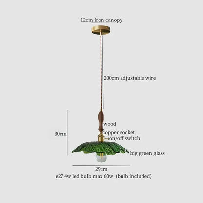 A 30cm french minimalist green glass copper wood pendant lamp with brass canopy and wooden handle for dining room decorbites copper wood