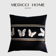 Black velvet french night velvet throw pillow with embroidered white silver butterflies and gold white stripes decorbites french night