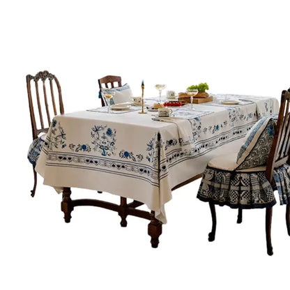 Beige onion print tablecloth with blue floral decorbites blue onion embroidery and black decorative border for dining room decor