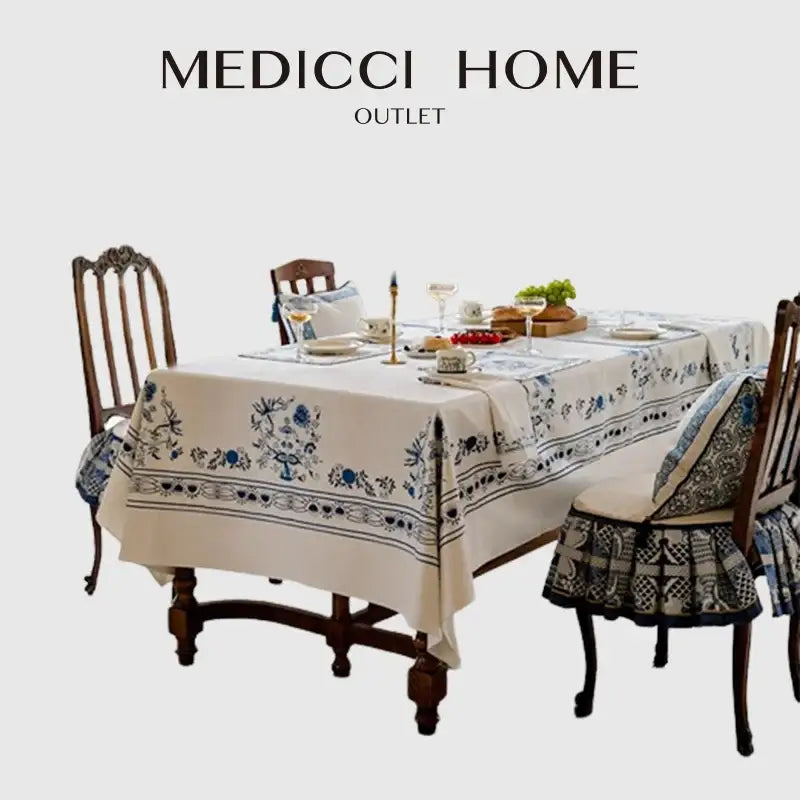 Cream-colored medicci home tablecloth with intricate blue onion print embroidery for dining room decorbites blue onion