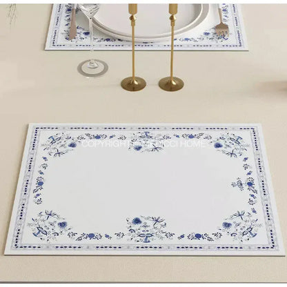 White rectangular placemat with delicate blue floral blue onion print border for decorbites blue onion tablecloth decor