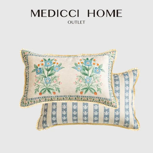 Cream-colored rectangular pillow cover 30x50cm with embroidered blue and green floral patterns and yellow fringe decorbites french pastoral