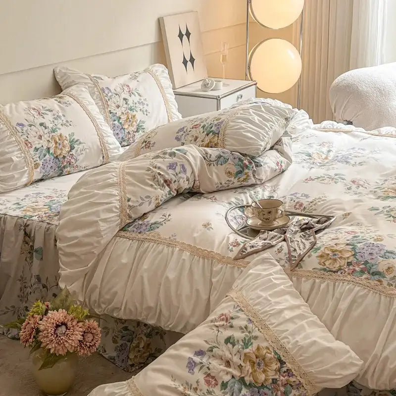 Cream-colored cotton bedding set with floral lace trim and ruffled edges for decorbites French pastoral princess style