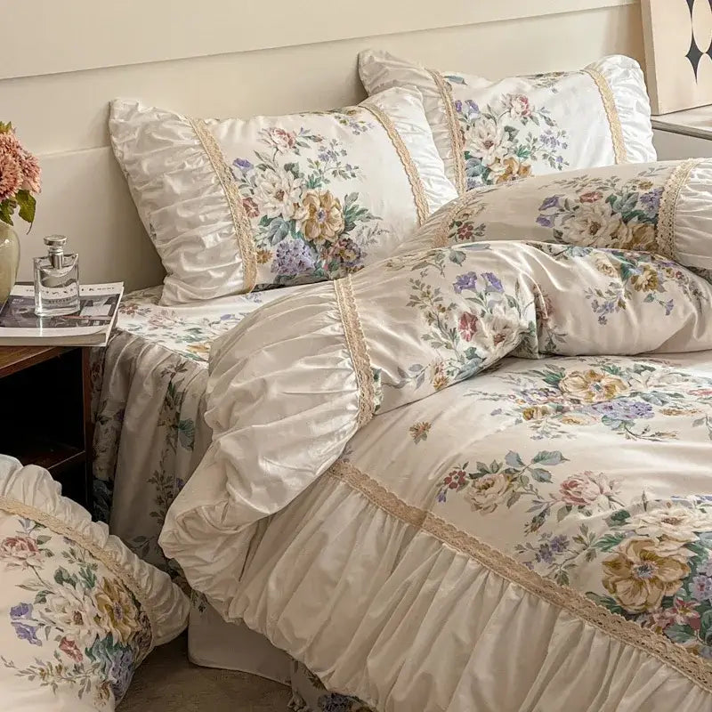 Cream floral lace bedding set with delicate ruffles in cotton for decorbites french pastoral princess bedroom decor