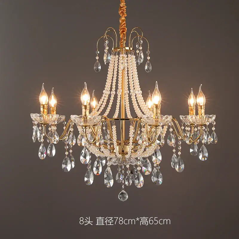 Decorbites french pearl chandelier gold six light crystal living room pendant with multiple arms and clear crystal droplets