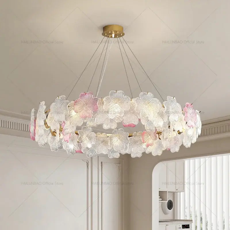 Elegant french petals crystal chandelier light with soft pink and white glass flowers on gold frame for dining room decorbites petals crystal