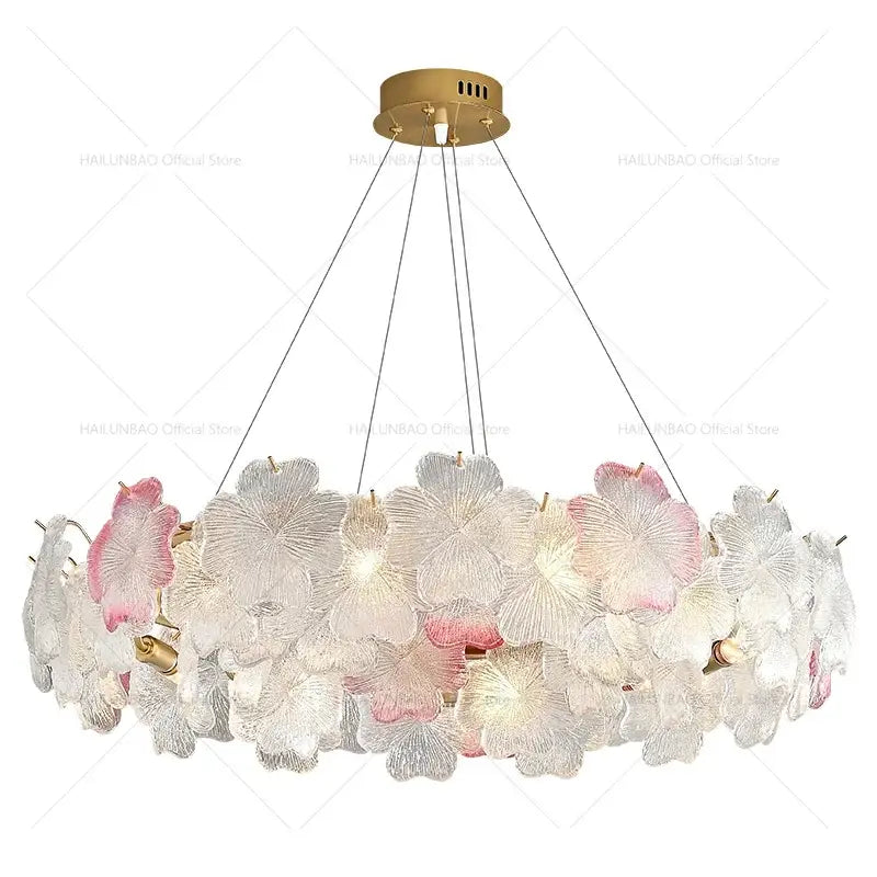 A delicate decorbites petals crystal chandelier light with white and pink glass flowers for dining room decor