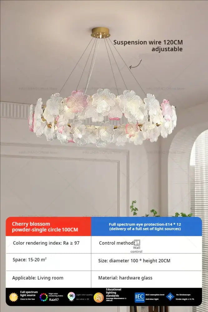 Delicate french petals crystal chandelier light with pink and white cherry blossom petals in gold-toned hardware glass suspension