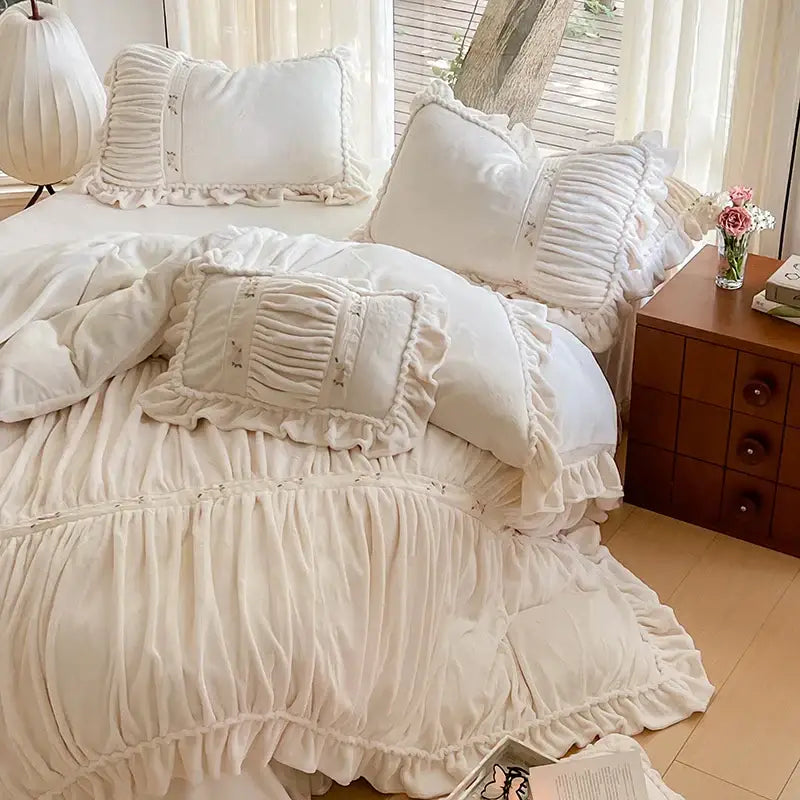 Cream-colored ruffled decorbites french pleat lace velvet duvet cover with soft textured fabric and delicate embroidery