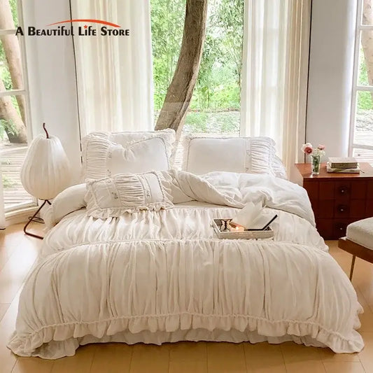 Cream-colored decorbites french pleat lace velvet duvet cover with ruffled texture and frayed edges for bedroom bedding set