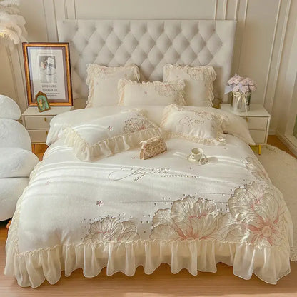 Cream-colored satin bedding set with embroidered floral patterns and ruffled edges decorbites french princess wedding style