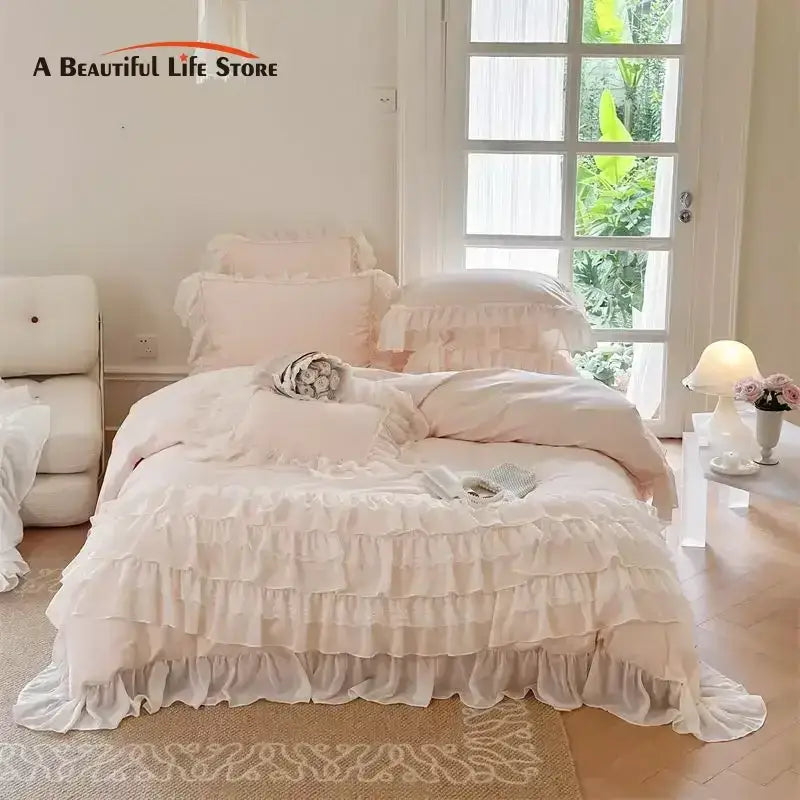 A delicate cream-colored lace bedspread with multi-layered ruffles in the decorbites french princess bedding set