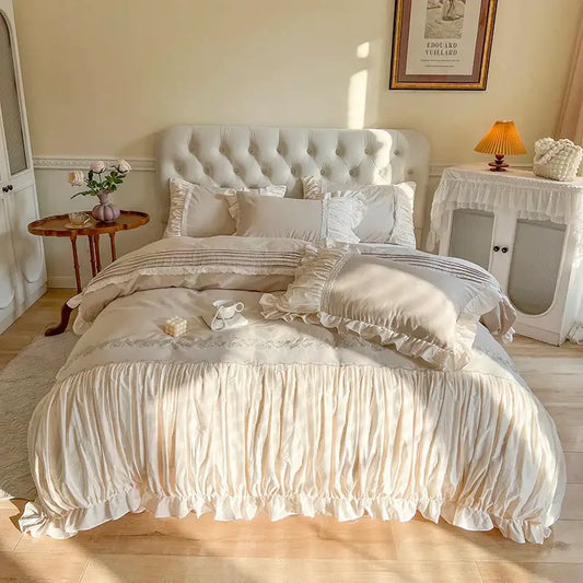 Cream-colored satin bedding set with ruffled edges and lace trim decorbites french princess bedroom decor