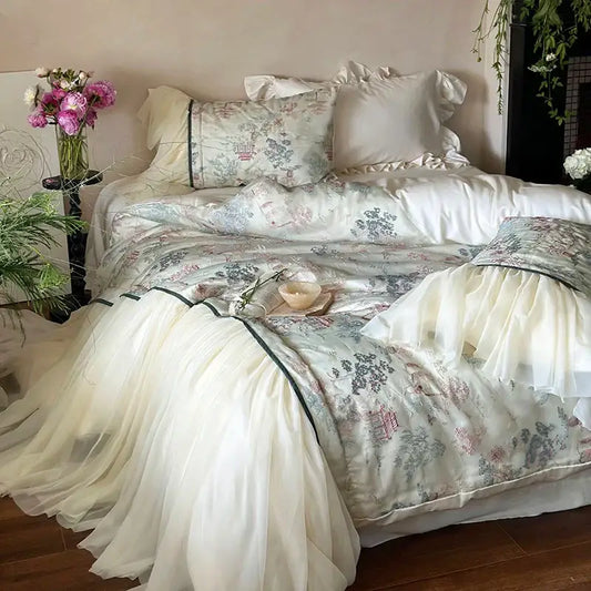 Elegant french princess bedding set in ivory and muted green featuring lace ruffles and delicate floral design