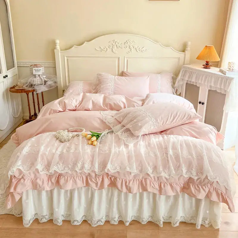 Pink ruffled cotton bedding set with delicate white lace trim layered fabric decorbites french princess lace design