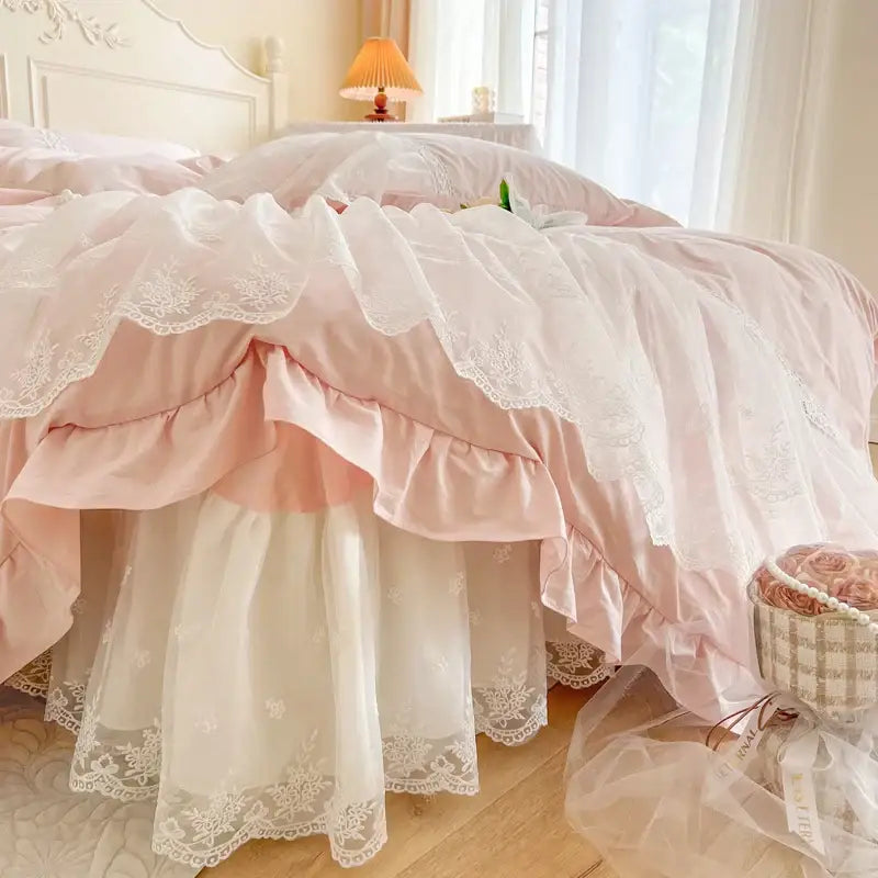 Pink and white layered ruffled cotton bed skirt with delicate lace trim in decorbites french princess lace bedding set