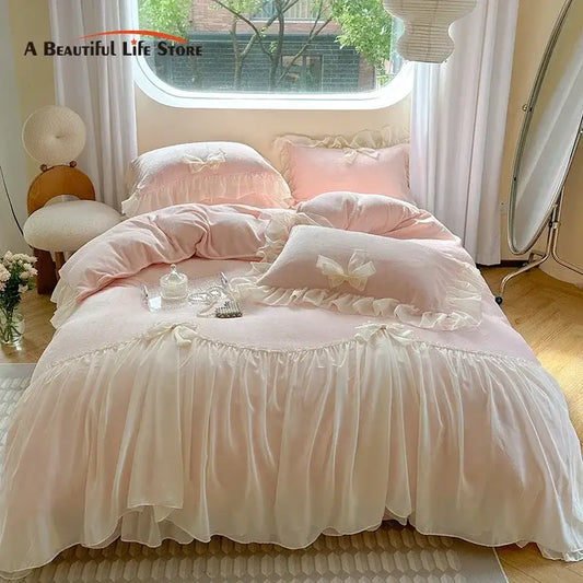 Pastel pink velvet bedding set with french princess lace trim ruffles and matching bows decorbites french princess