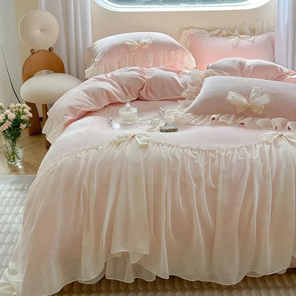 Pastel pink velvet bedding set with cream bows and layered ruffles featuring decorbites french princess lace design