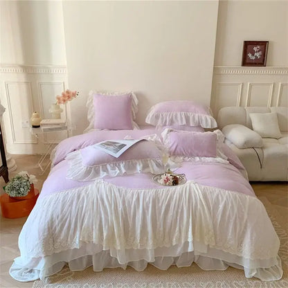 Pastel lavender and white french princess velvet bedding set with ruffles and lace trim from decorbites french princess collection