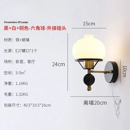 Black and brass french retro wall lamp with frosted glass globe shade for living room wall sconce lighting