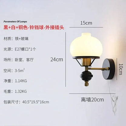 Black and brass french retro wall lamp with frosted glass globe shade for living room glass sconce lighting