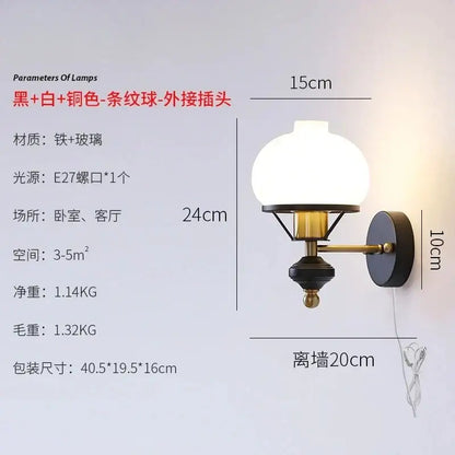 Black and brass french retro wall lamp with frosted glass globe for living room glass sconce lighting fixture
