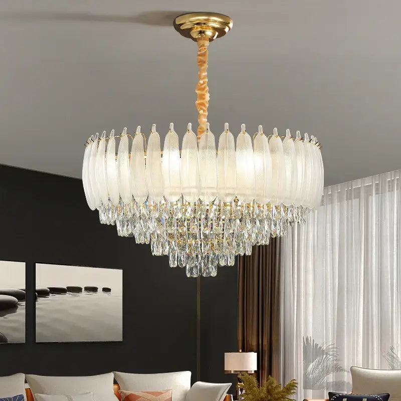 Elegant gold-toned french retro crystal feather chandelier with frosted glass leaves and cascading decorbites crystal droplets for dining room decor