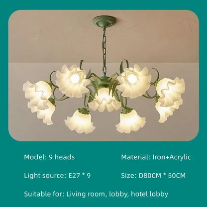 A french retro led flower chandelier with six frosted acrylic shades and a dark green iron frame for elegant decorbites french retro lighting