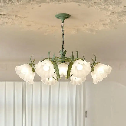 Delicate mint-green french retro led flower chandelier with five frosted glass bell shades and leafy metal accents for bedroom decorbites french retro