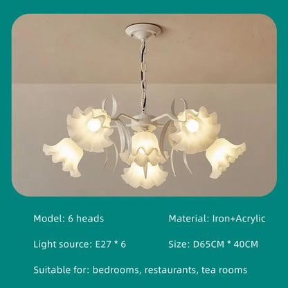 White floral chandelier with five petal-shaped acrylic shades and iron arms for green bedroom decorbites french retro use