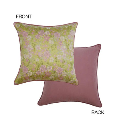 Square decorbites contessa camellia throw pillow with light green floral pattern and soft mauve velvet backing for living room decor
