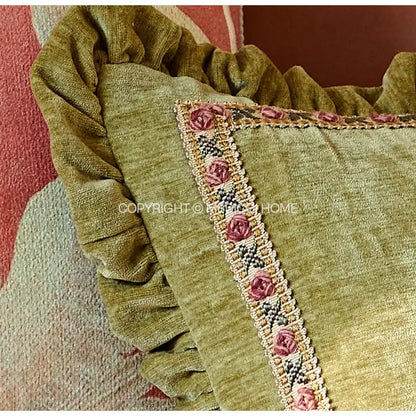Olive green velvet decorative cushion cover with ruffled edges and embroidered pink roses for living room decor