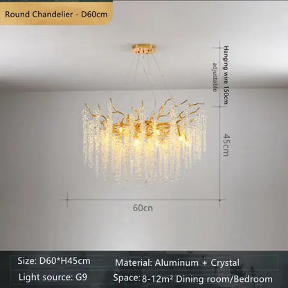 Gold-toned round decorbites crystal branch chandelier with cascading crystal droplets and aluminum frame for dining room decor