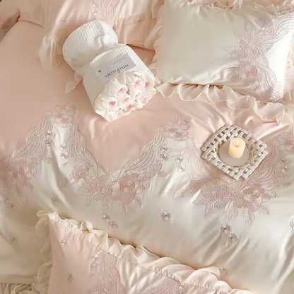 Pastel pink satin bedding set with delicate floral embroidery and lace ruffles for decorbites french romantic decor