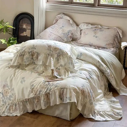 Cream-colored french rose flowers bedding set with delicate ruffles and soft satin-like finish by decorbites french rose
