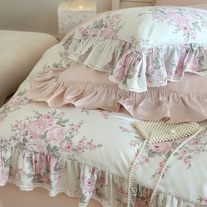 Pink and cream floral decorbites french rose lace bedding set with ruffled edges and lace trim for elegant bedroom decor